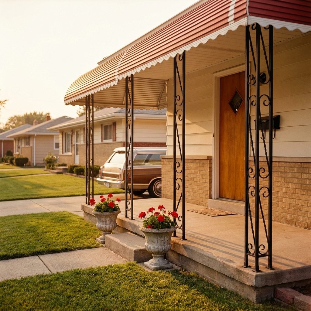 The Ranch Porch With Wrought Iron Scrollwork and That Scalloped Aluminum Awning Nobody Could Resist