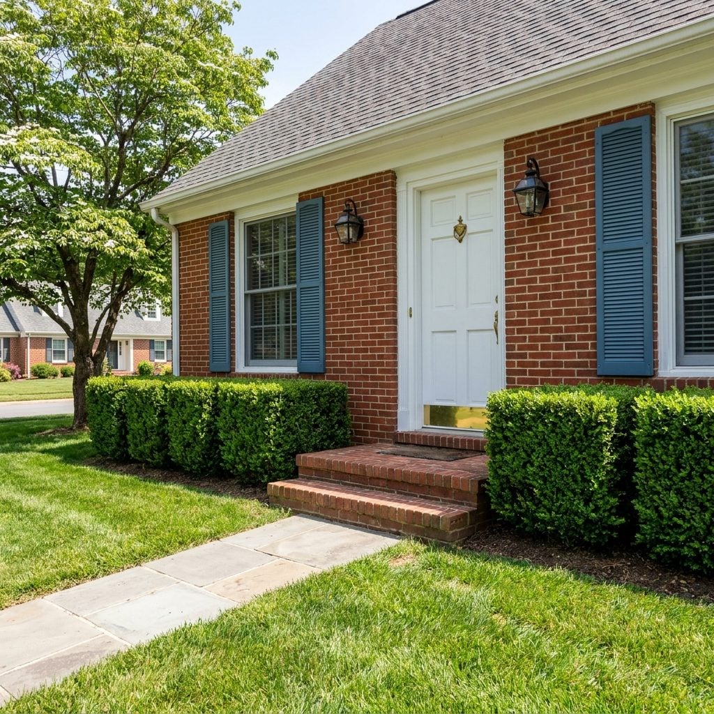 Colonial Ranch Shutters in Williamsburg Blue and the Brass Eagle Knocker Nobody Actually Knocked With