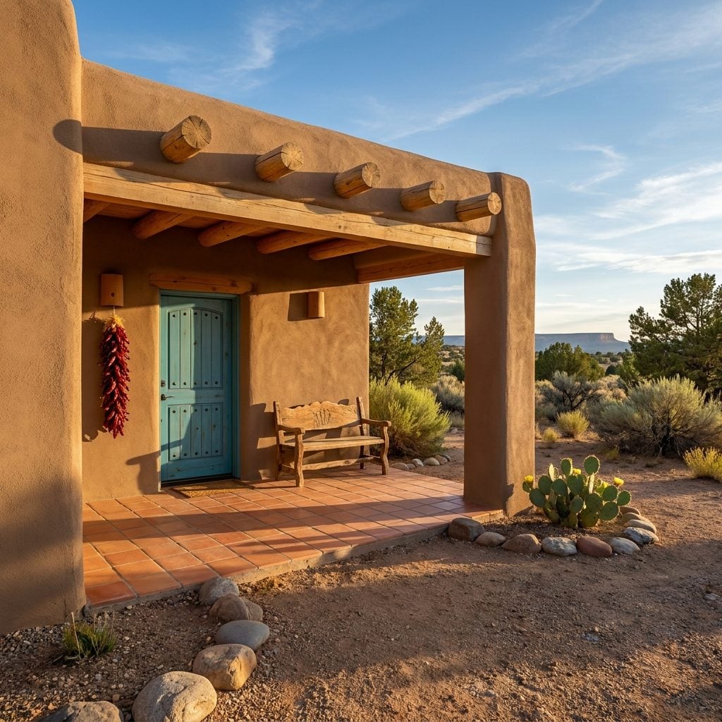 The Adobe Porch With Viga Beams, Terracotta Tile, and Chile Peppers That Were Decoration and Dinner