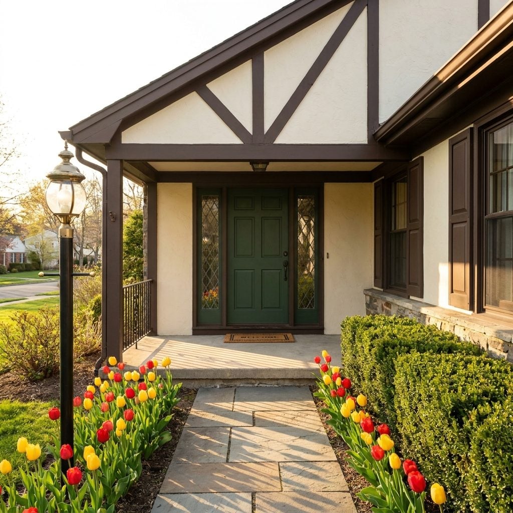 The Tudor-Ranch Hybrid Porch With Half-Timbered Gable and a Carriage Lamp That Whispered 'Old Money'