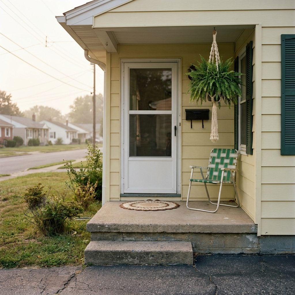 The Modest Postwar Ranch Porch With a Macramé Plant Hanger and an Aluminum Lawn Chair Nobody Ever Sat In