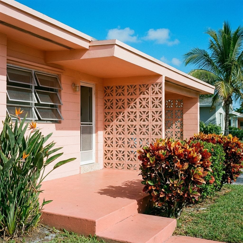 The Florida Block Home Porch With Pastel Paint, Jalousie Windows, and a Concrete Screen Block Divider That Was Pure 1964 Miami