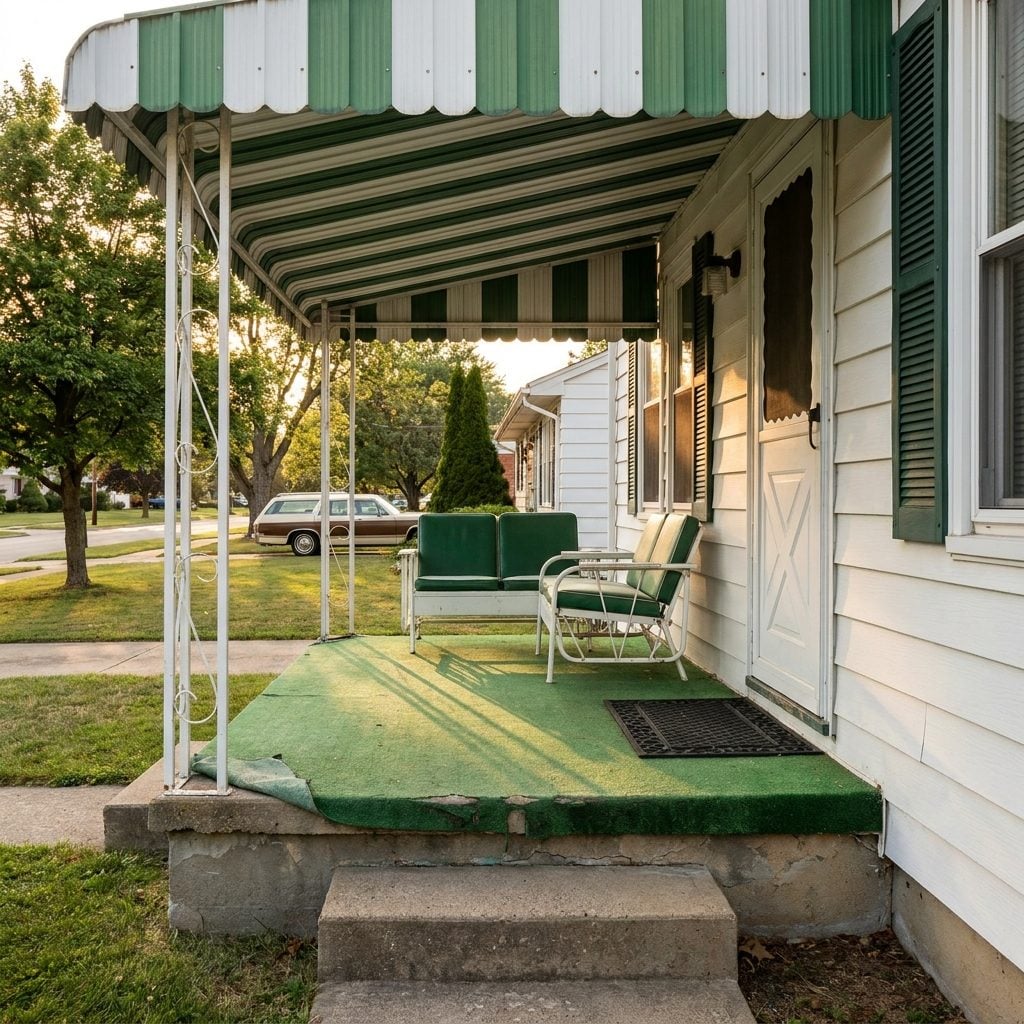 The Striped Aluminum Awning Over Green Outdoor Carpet and a Metal Glider Bench That Squeaked With Every Push