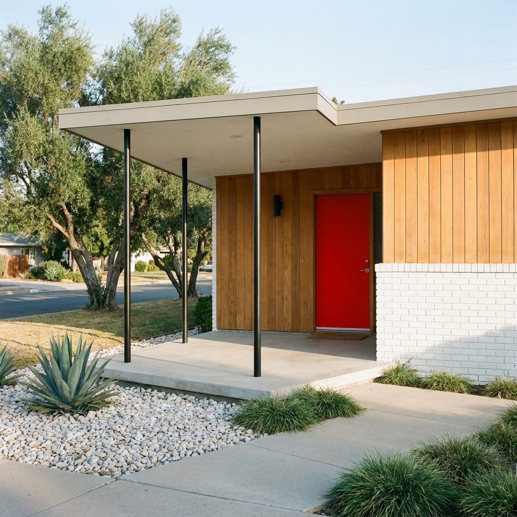 The Minimalist Mid-Century Porch: Smooth Concrete, Slender Steel Posts, a Bold Red Door, and Nothing Else