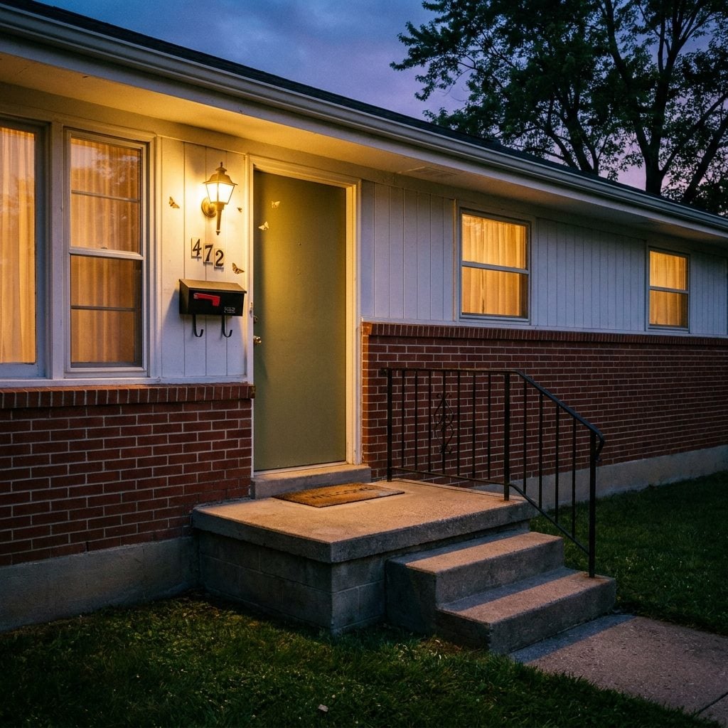 The Classic Ranch Porch at Dusk: Boxy Concrete Steps, Black Metal Railing, a Wall-Mounted Mailbox, and the Coach Light Coming On