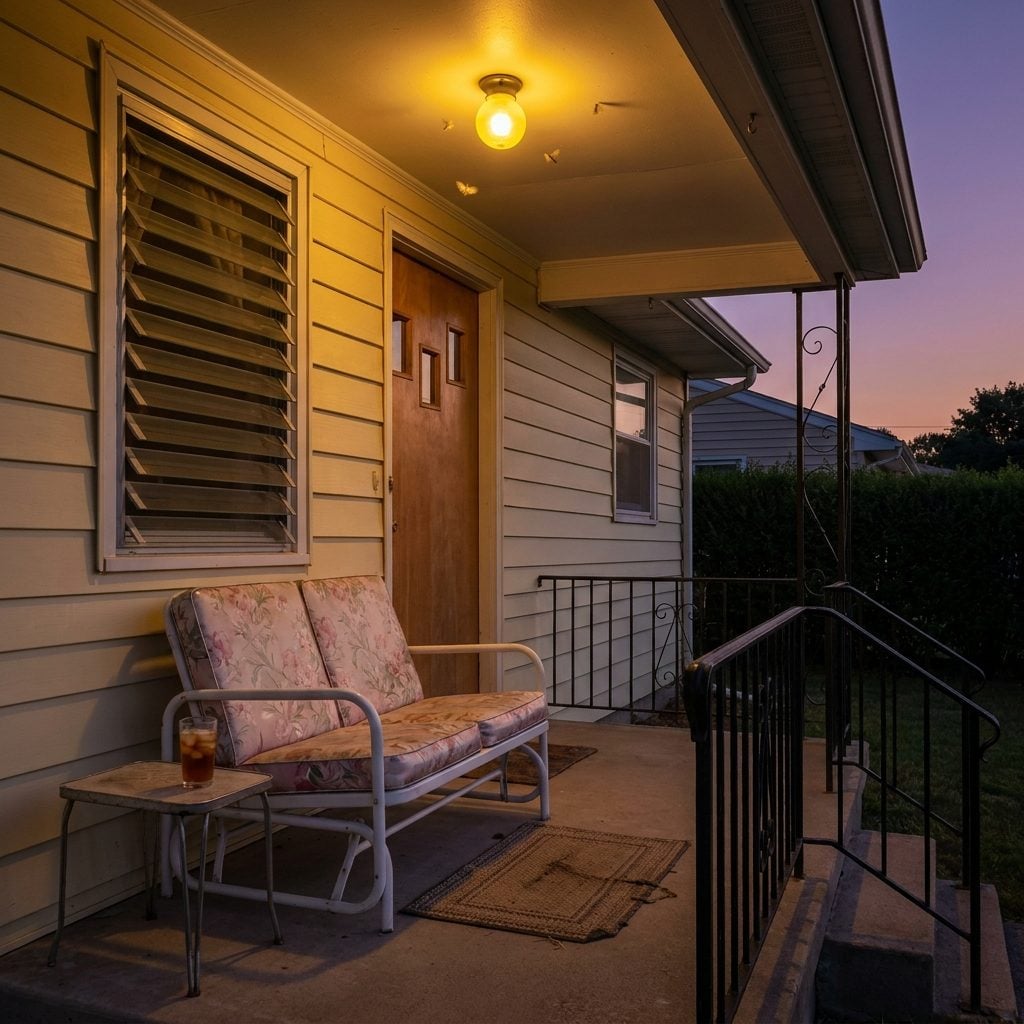 The Tract Home Porch With Jalousie Windows, a Metal Glider, and That Yellow Bug Light