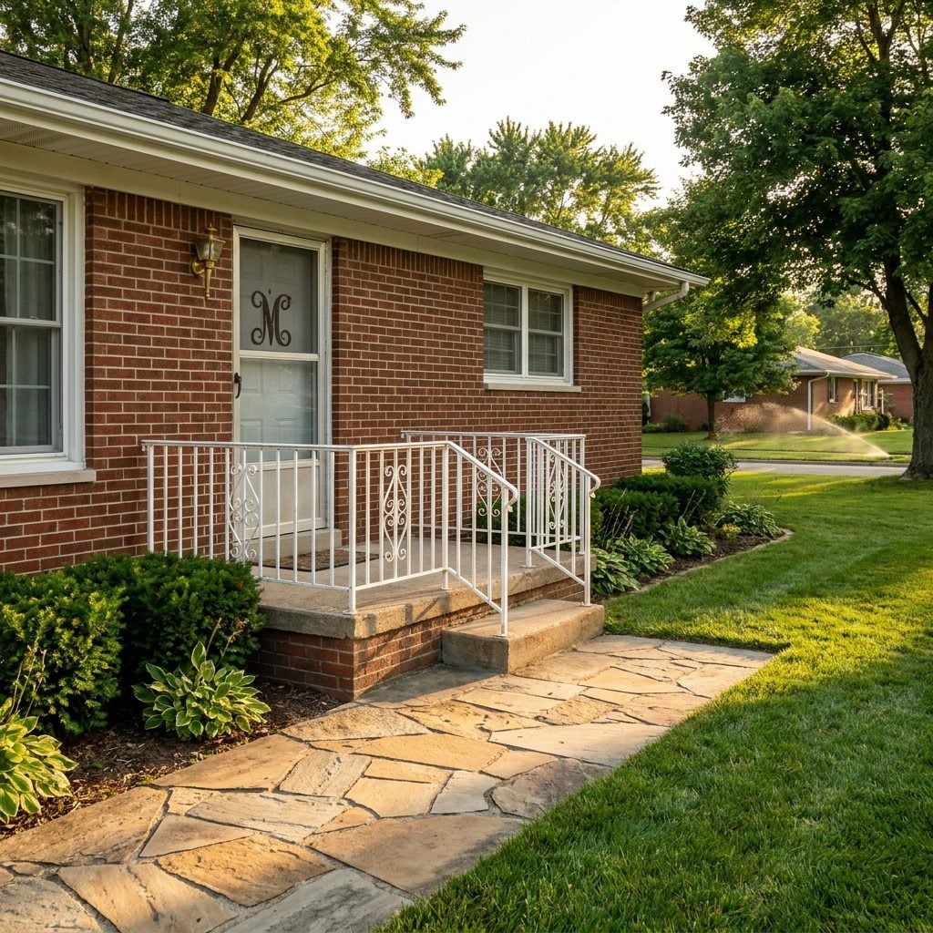 The Brick Ranch With White Wrought Iron Railings and a Flagstone Crazy Paving Walkway That Led You Home
