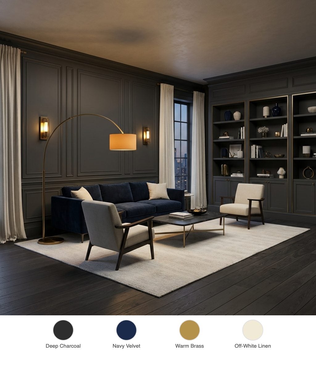 Moody Transitional Living Room with Charcoal Paneled Walls and Brass Arc Lamp