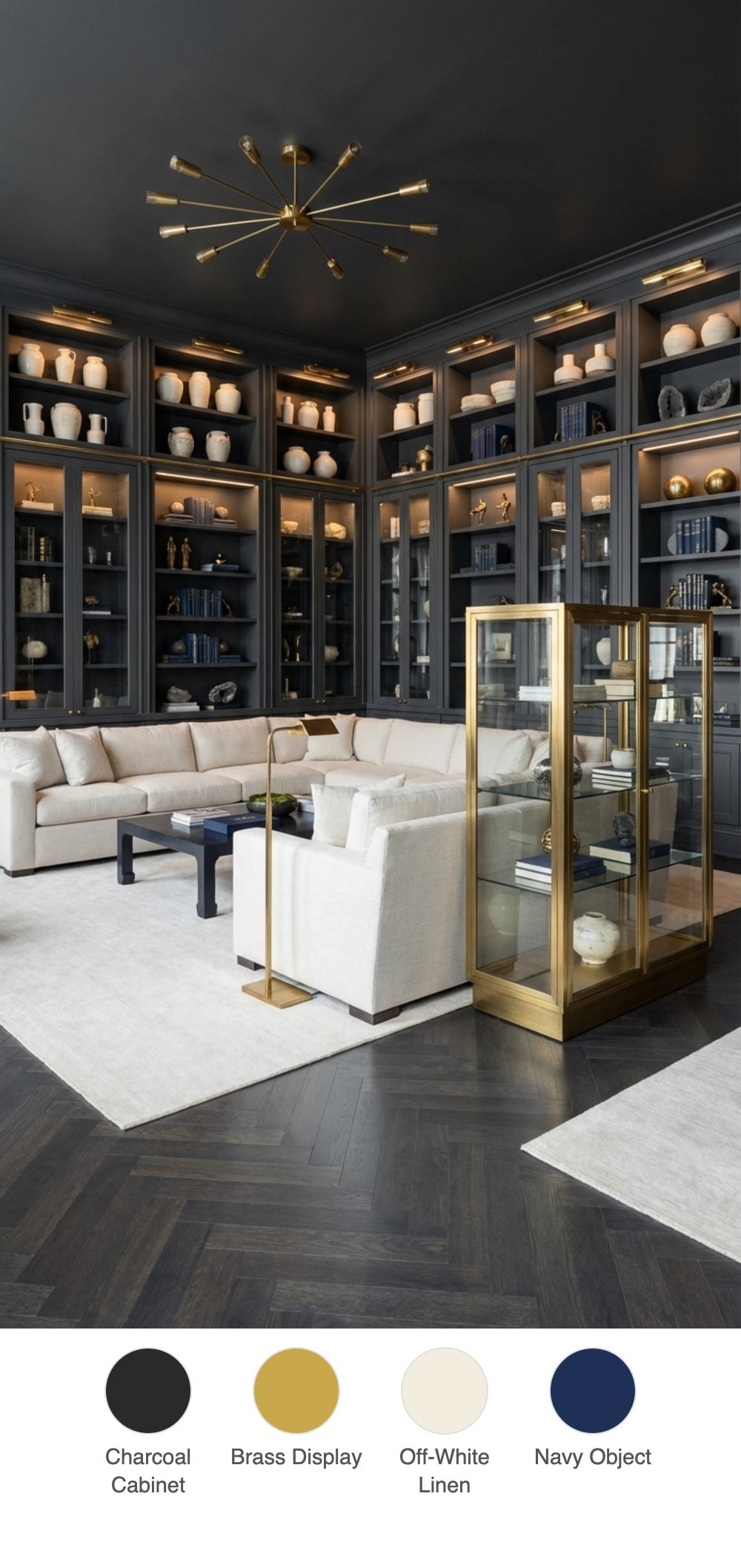 Collector's Cabinet Living Room with Glass Display Cases, Charcoal Shelving and Brass Lighting