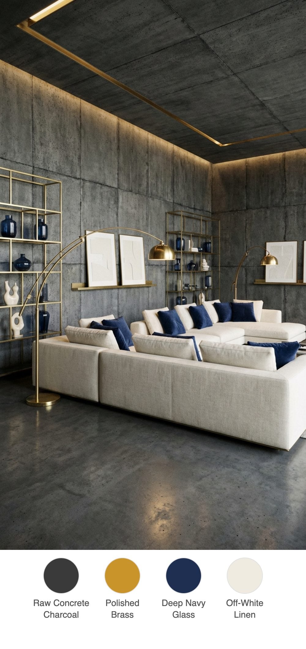 Antique Futurism Living Room with Brass Skeletal Shelving and Charcoal Concrete Panels