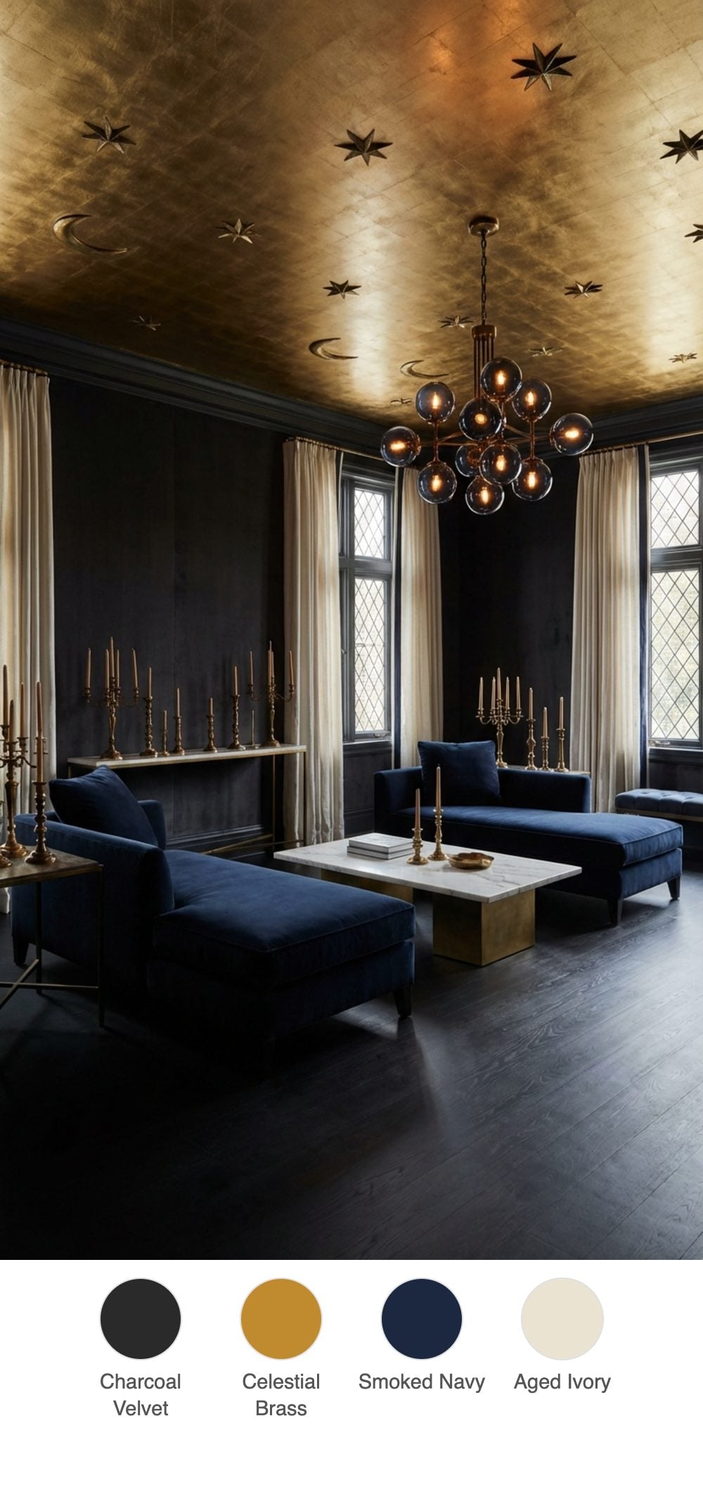 Occult Glamour Living Room with Celestial Brass Ceiling and Charcoal Velvet Walls