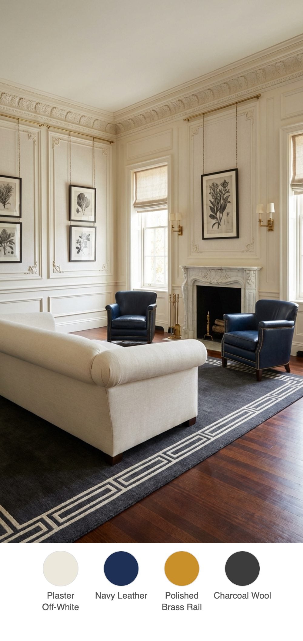 Edwardian Revisited Living Room with Brass Picture Rail Gallery and Navy Club Seating