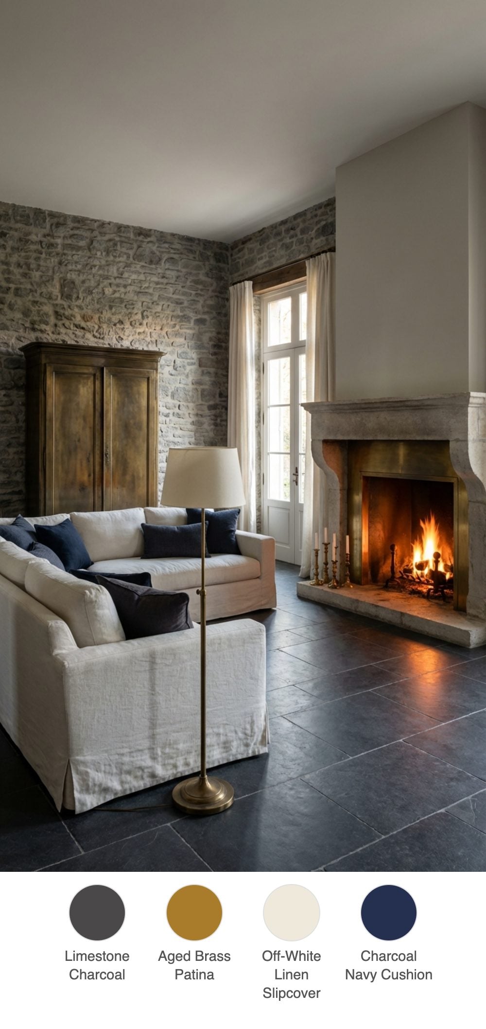 Smoky Provençal Living Room with Lavender-Charcoal Stone Walls and Brass Armoire