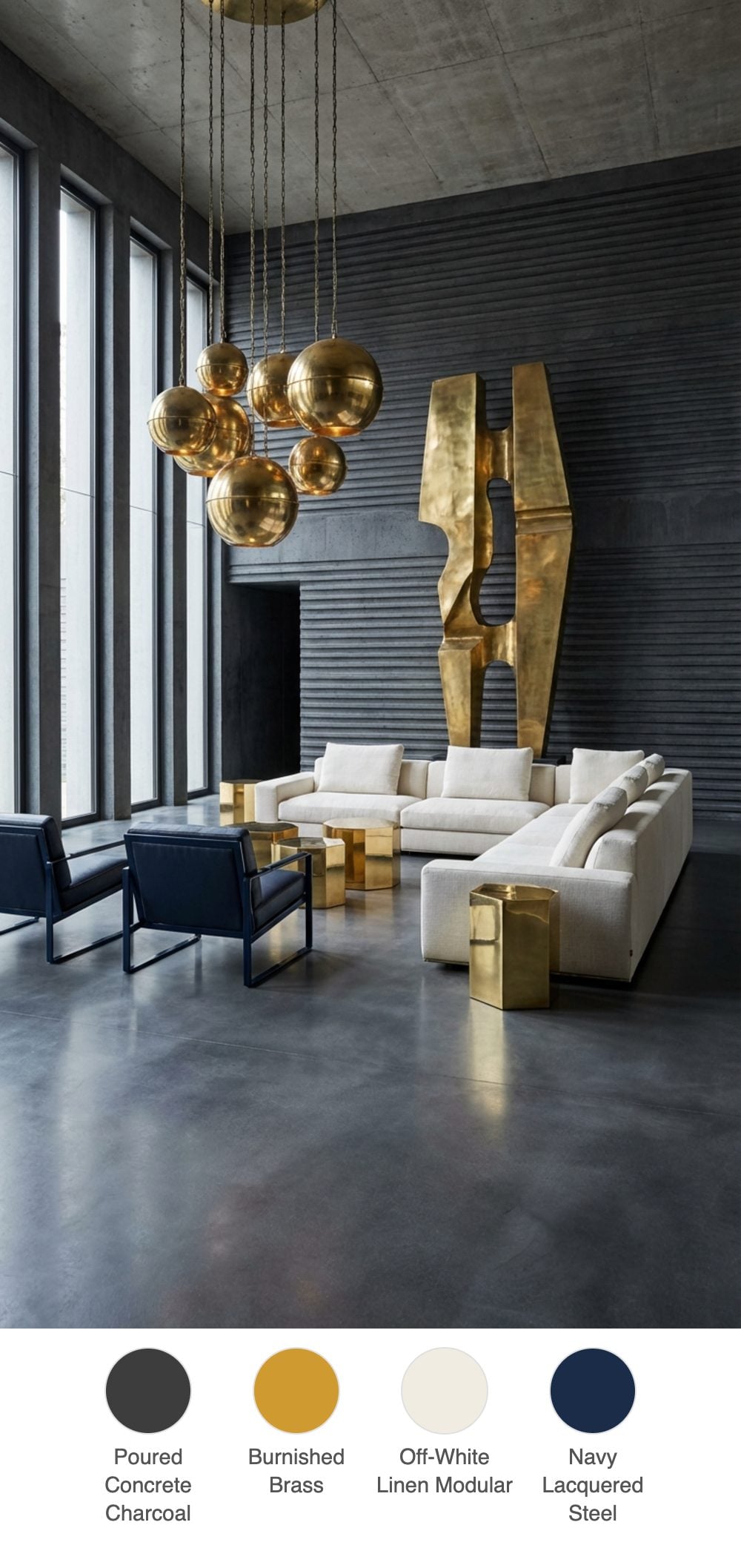 Gilded Brutalism Living Room with Poured Concrete Floors and Oversized Brass Sculpture