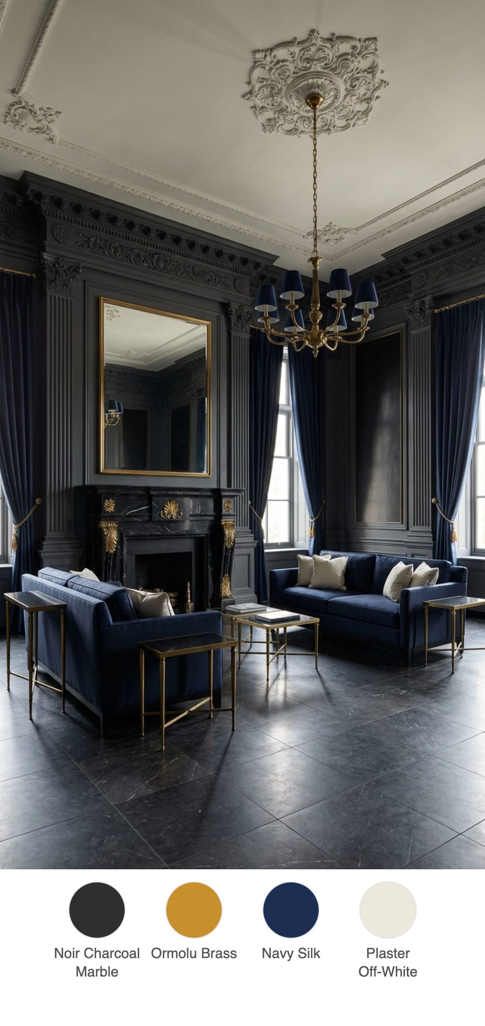 Noir Classicism Living Room with Black Marble Fireplace and Brass Ormolu Detailing
