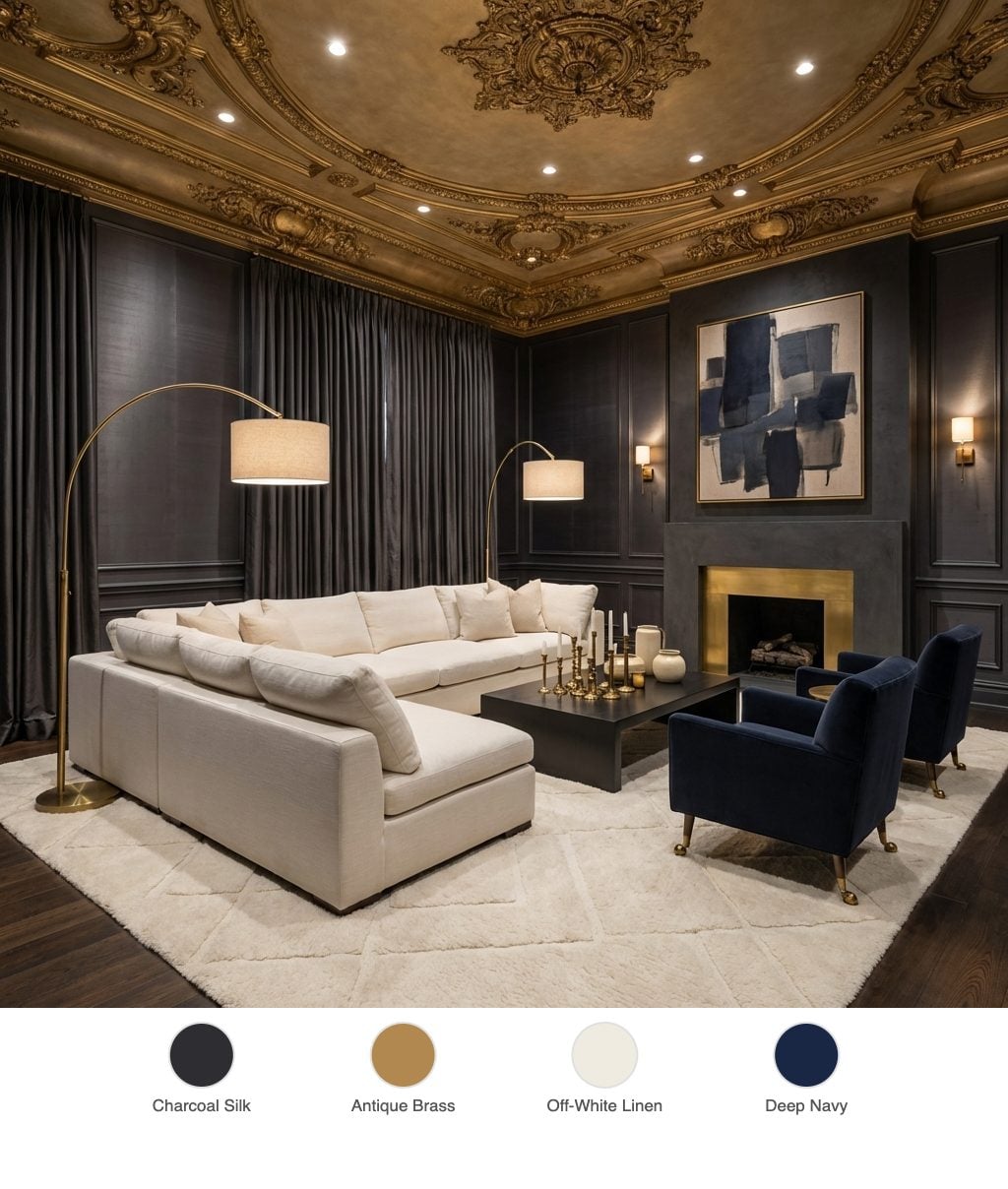 Baroque Minimalism Living Room with Gilded Plasterwork Ceiling and Charcoal Silk Walls