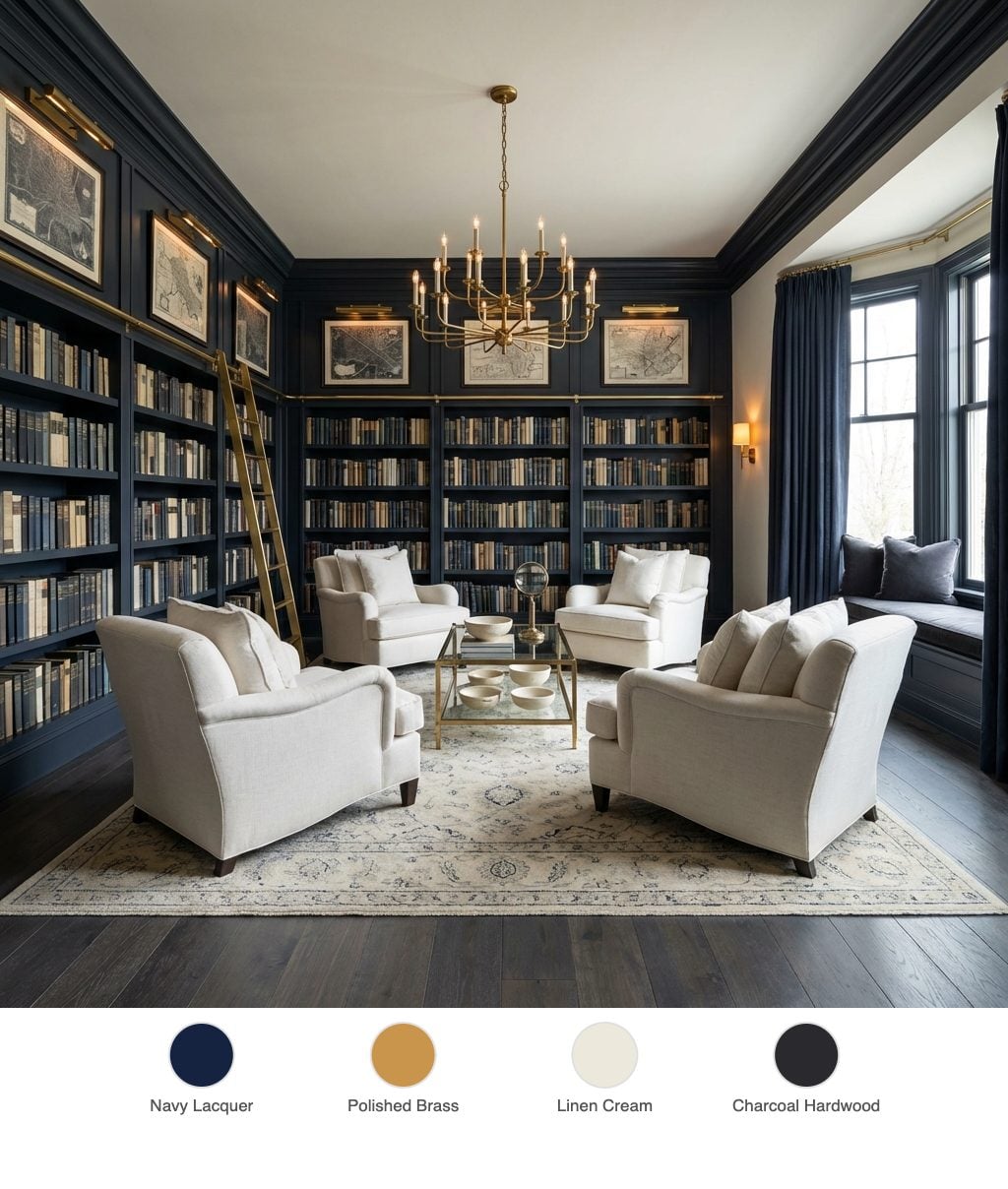 Imperial Reading Room with Navy Lacquered Built-Ins, Brass Library Ladder and Linen Armchairs