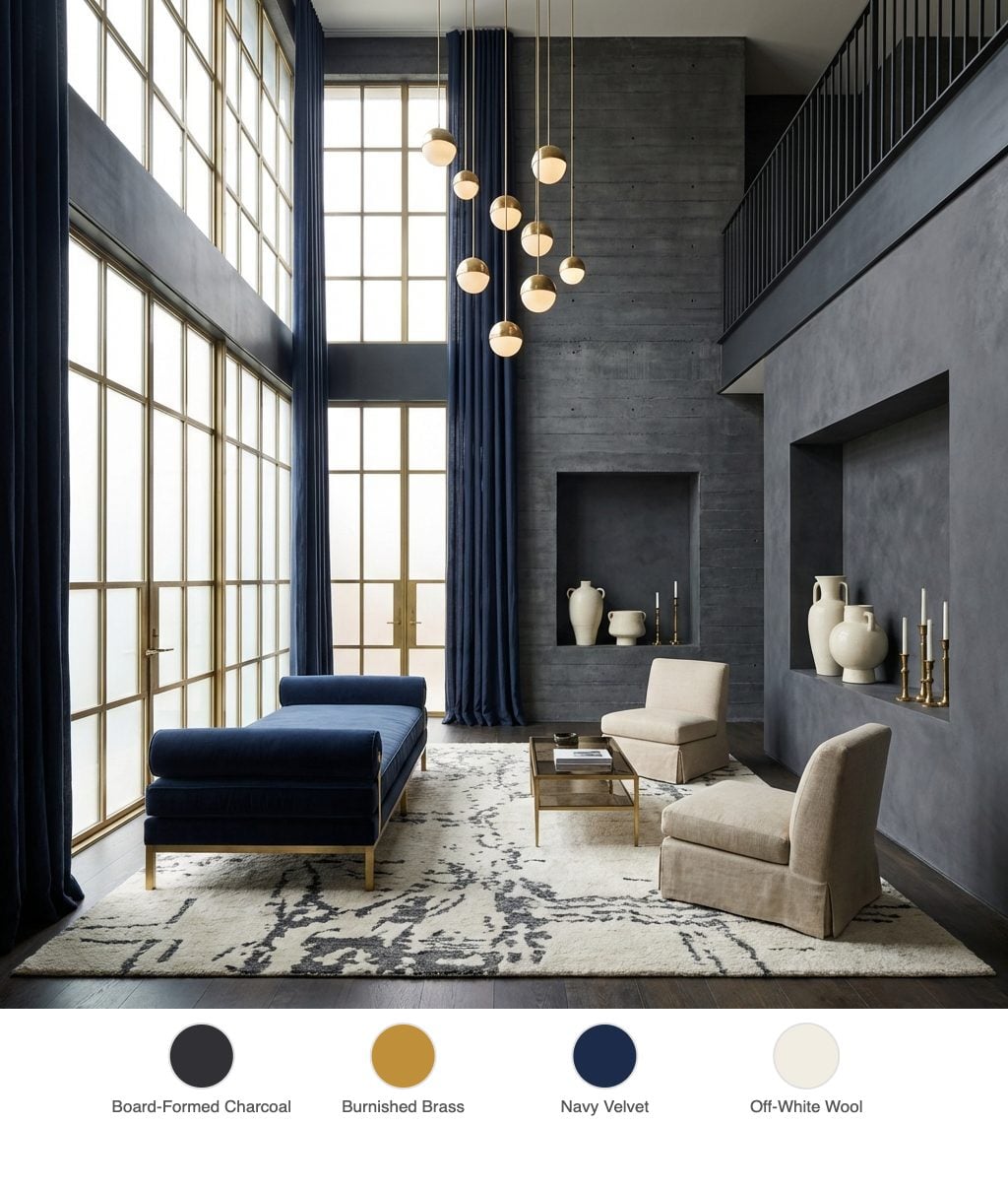 Cinematic Salon Living Room with Double-Height Charcoal Walls, Brass Grid Windows and Navy Daybed