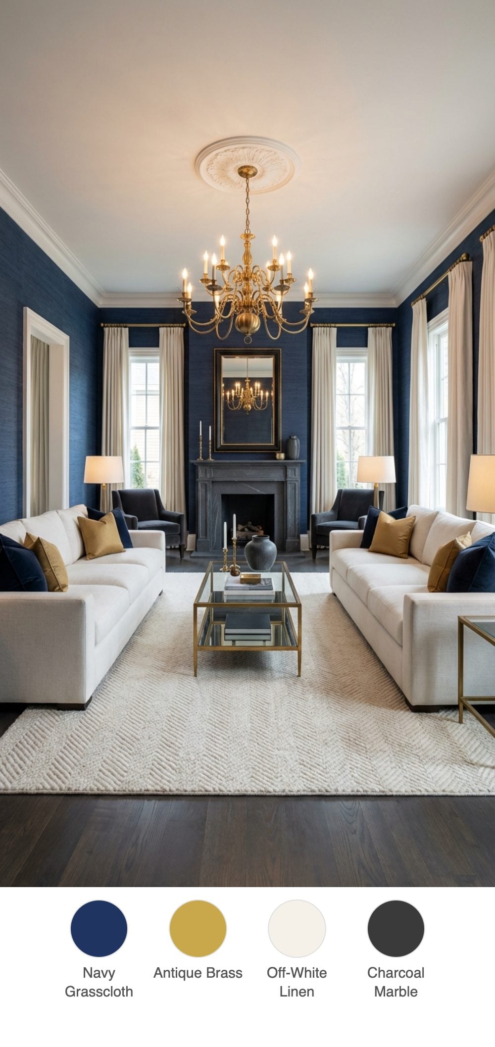 New Traditionalism Living Room with Navy Grasscloth Walls and Brass Chandelier