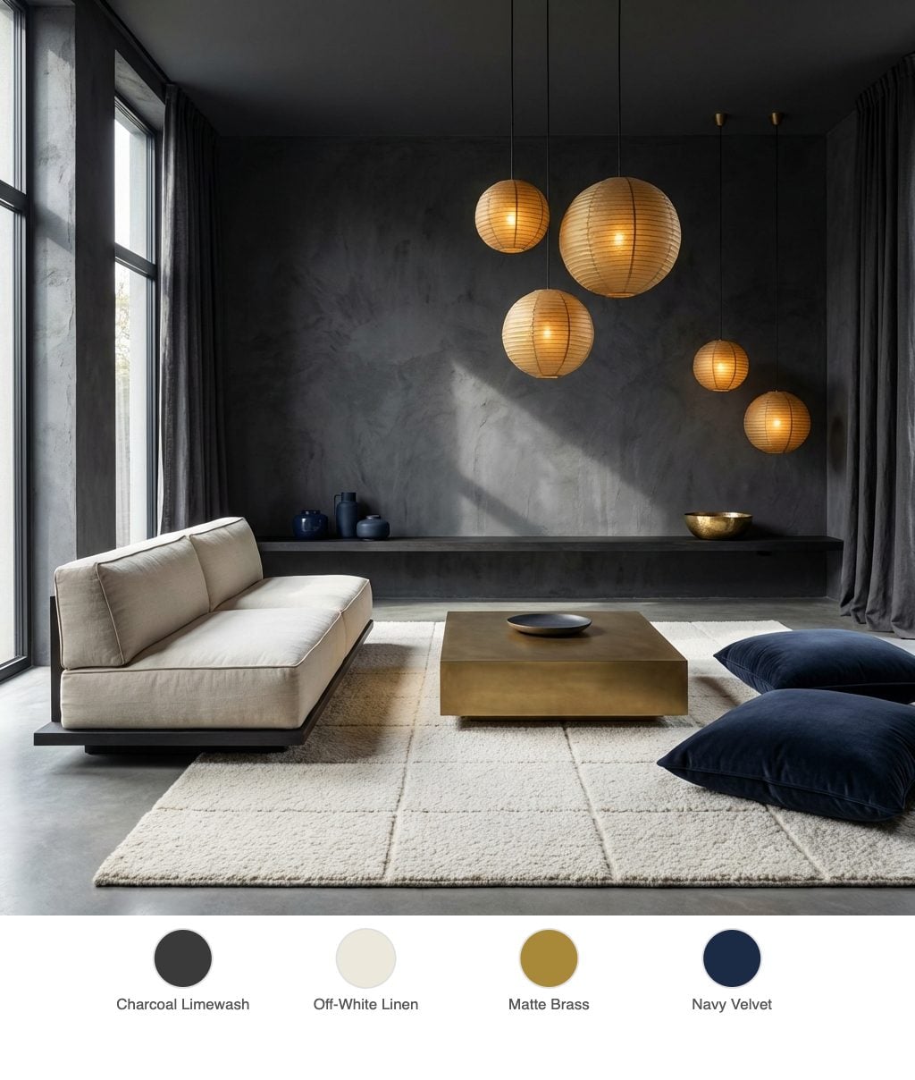 Japandi Noir Living Room with Charcoal Limewash Walls and Low Brass Platform Seating