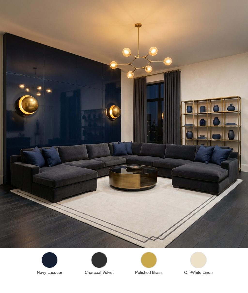 Midnight Club Dining-Adjacent Living Room with Navy Lacquer Feature Wall and Brass Globe Sconces