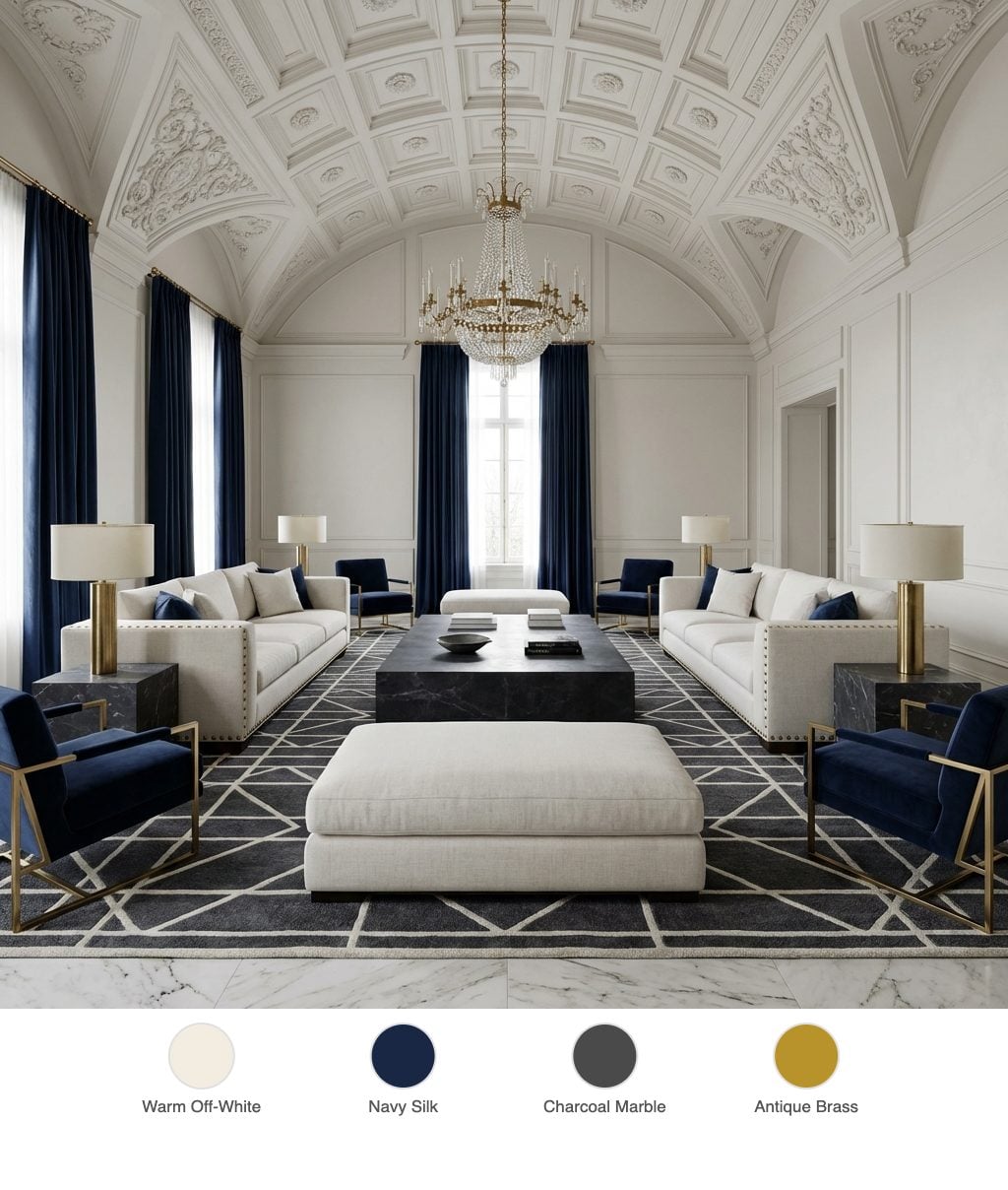 Neo-Classical Winter Living Room with Off-White Vaulted Plasterwork and Navy Silk Drapes