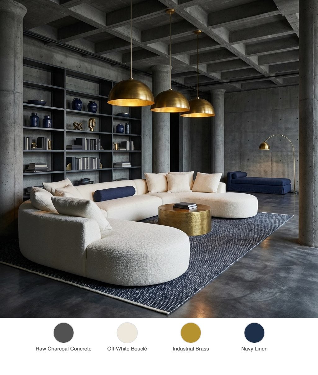 Warm Brutalist Loft Living Room with Raw Charcoal Concrete Columns and Brass Industrial Pendants