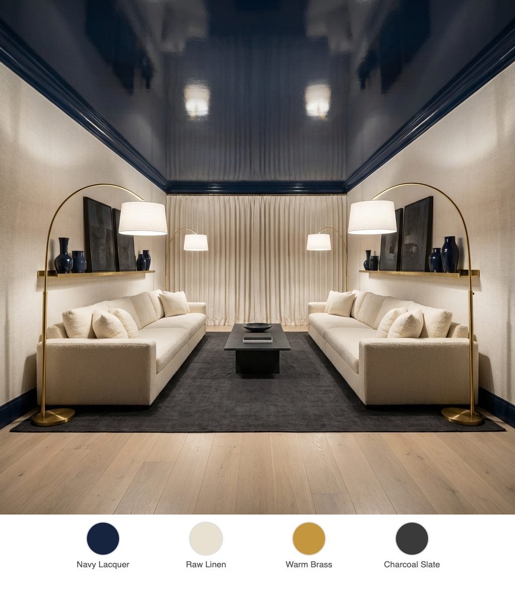 Midnight Atelier Living Room with Navy Lacquered Ceiling, Raw Linen Walls and Brass Floor Lamps