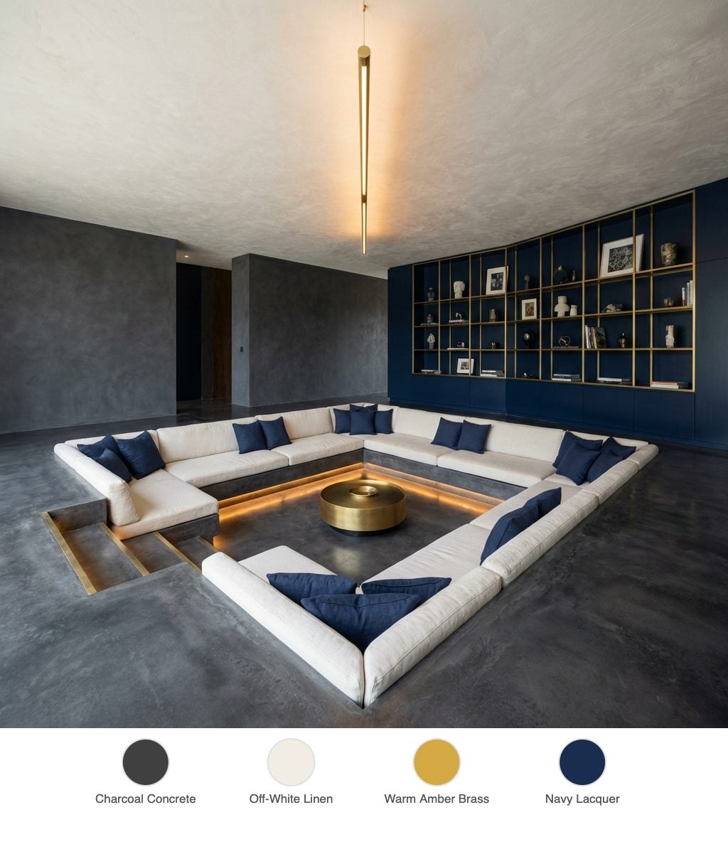 Warm Brutalist Sunken Living Room with Charcoal Stepped Platform, Brass Cavity Lighting and Linen Pit Seating