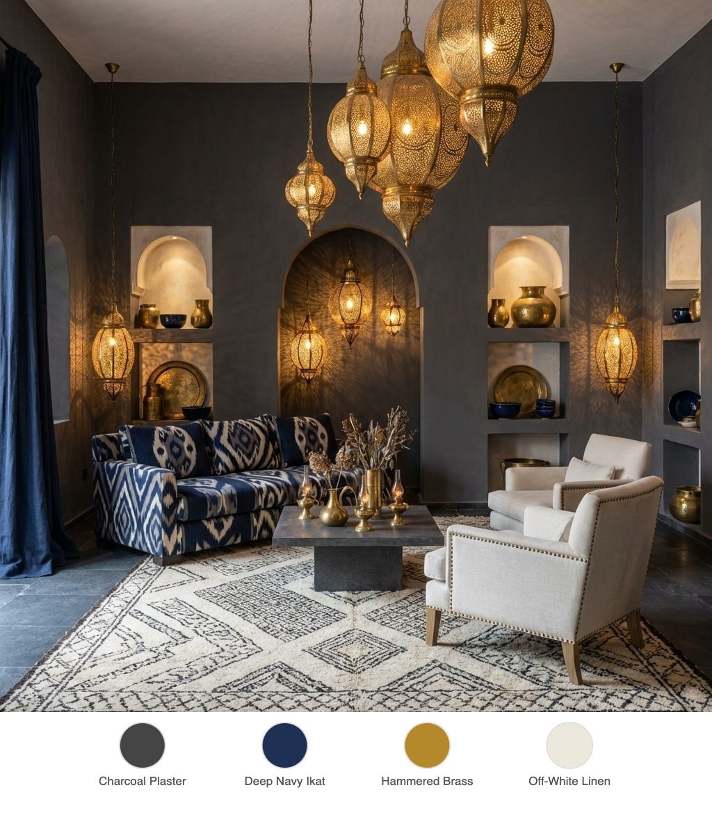Silk Road Living Room with Navy Ikat Textiles, Charcoal Plaster Niches and Hammered Brass Lanterns