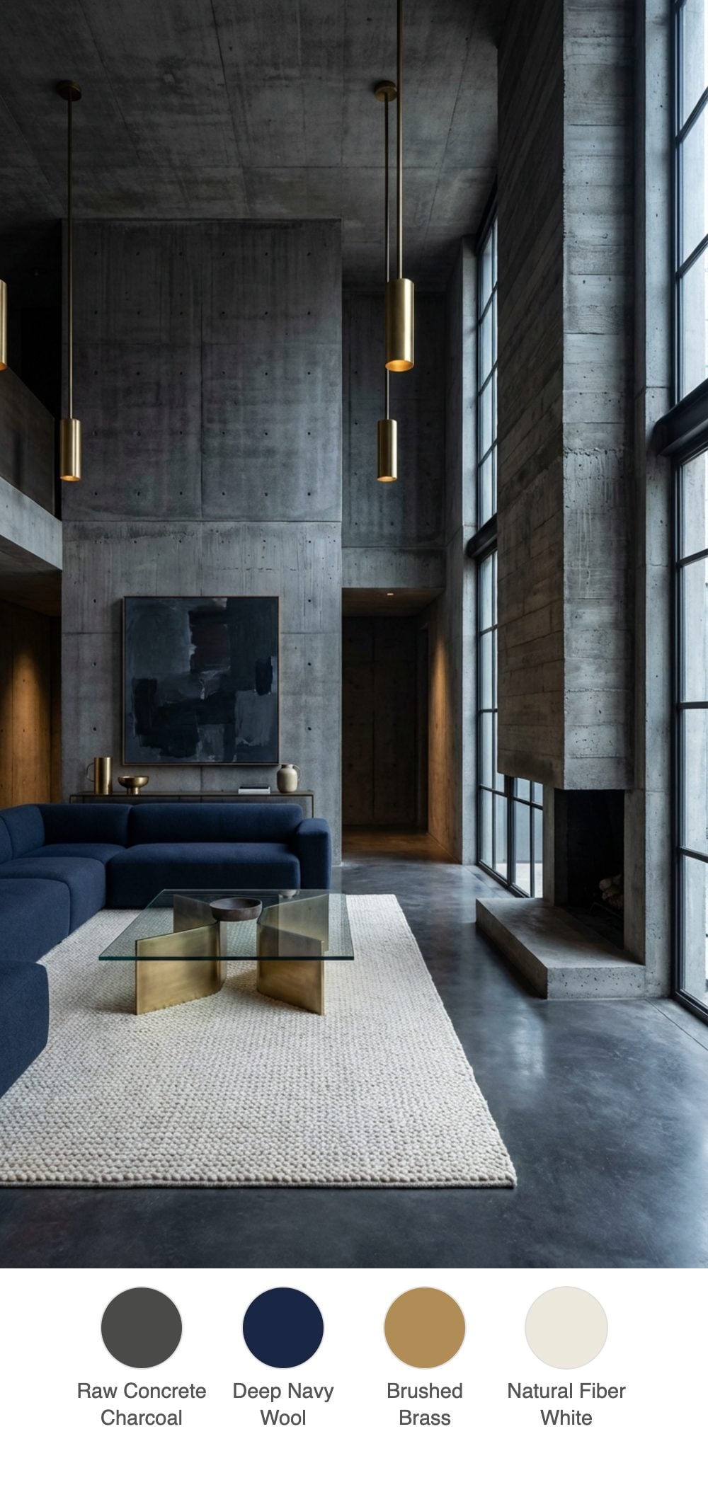 Moody Brutalism Living Room with Exposed Concrete, Charcoal and Brass Raw Steel