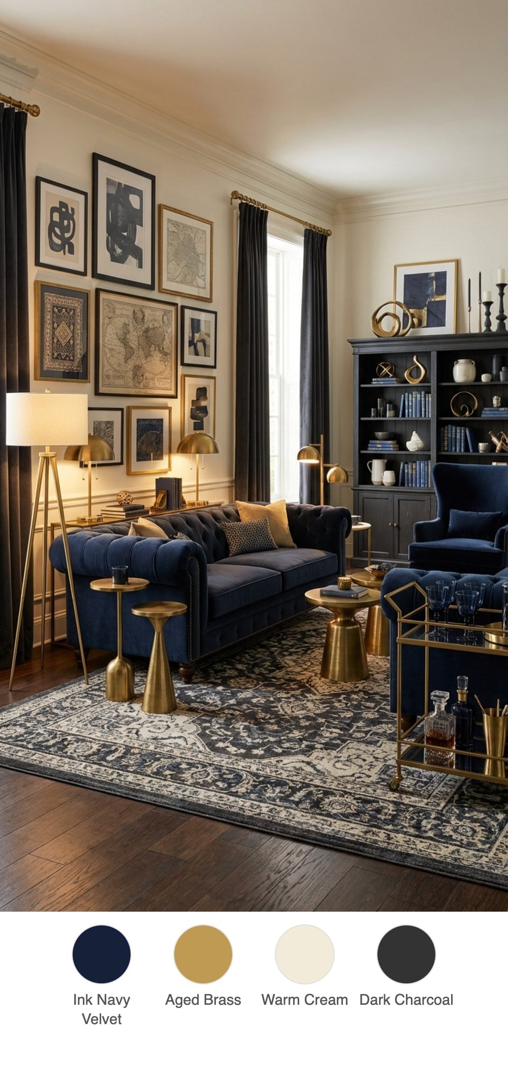Velvet Eclecticism Living Room Layered in Navy, Brass Artifacts and Linen
