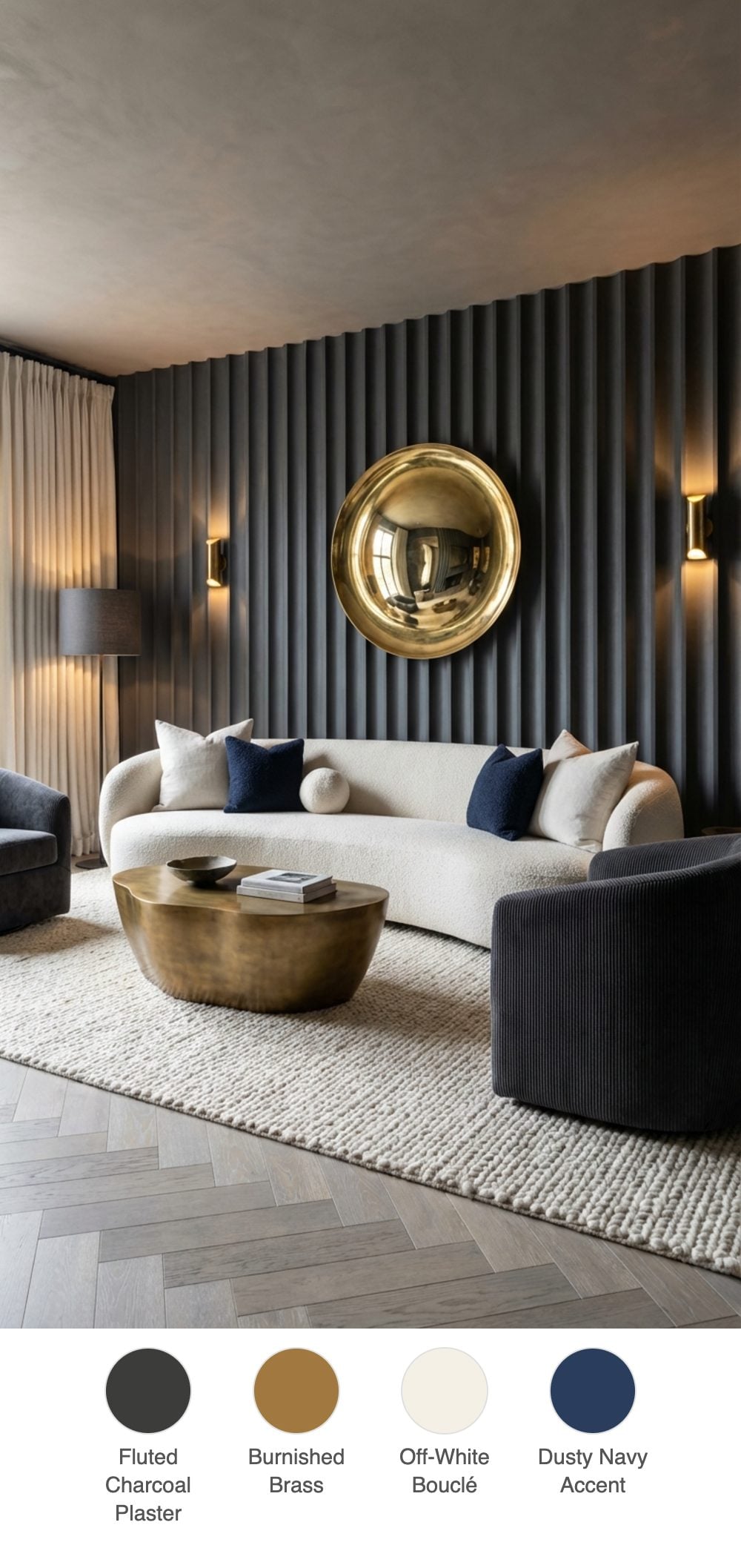 Tactile Luxe Living Room in Fluted Charcoal Plaster, Bouclé and Burnished Brass
