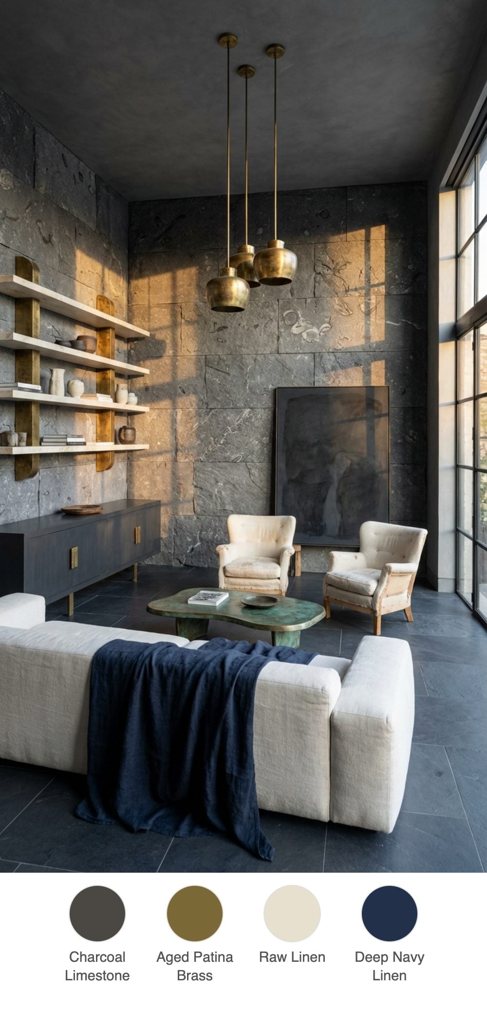 Patina Modernism Living Room with Aged Brass Details, Charcoal Stone and Raw Linen