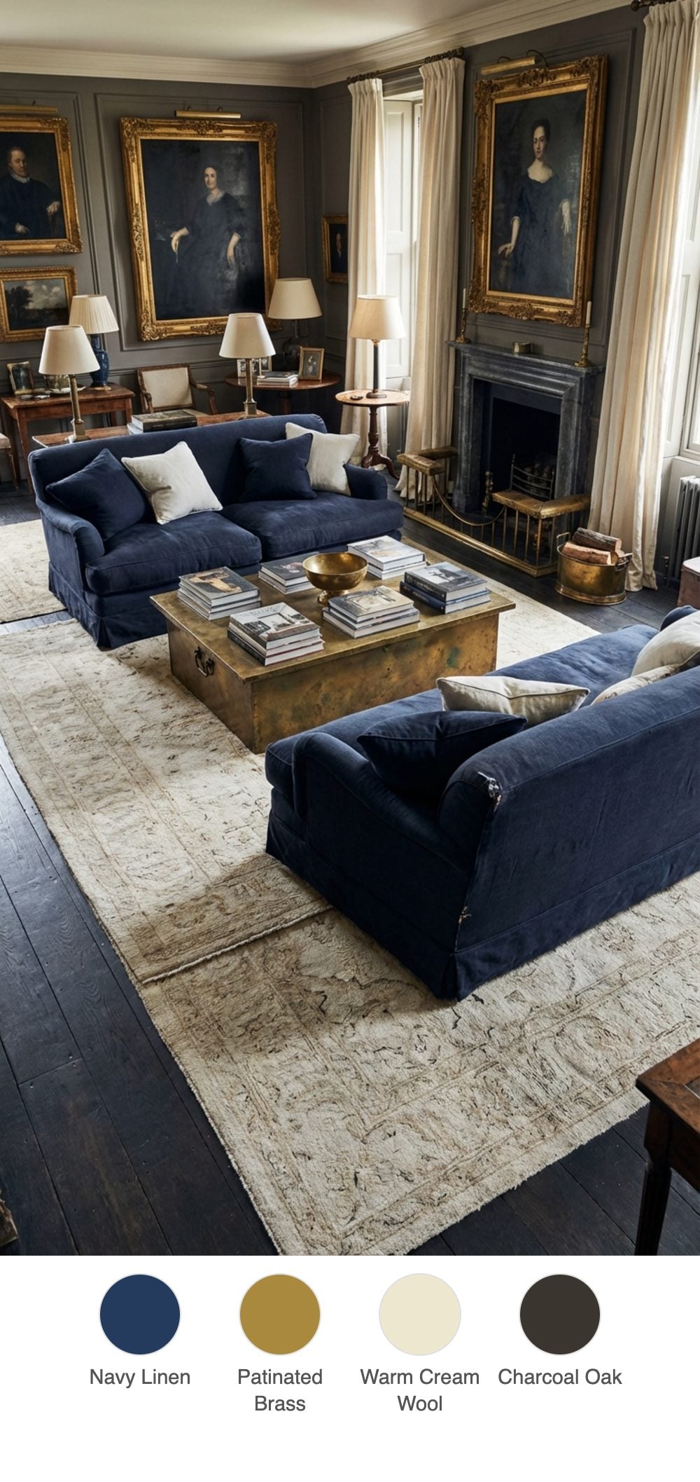 Lived-In Grandeur Living Room with Overstuffed Navy Linen Sofas and Brass Antiques