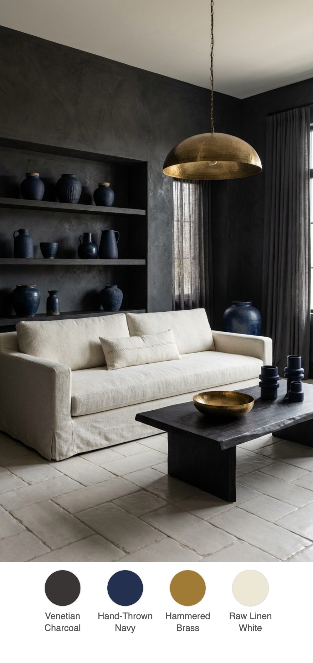 Artisan Dark Living Room with Hand-Thrown Navy Ceramics, Charcoal Plaster and Hammered Brass
