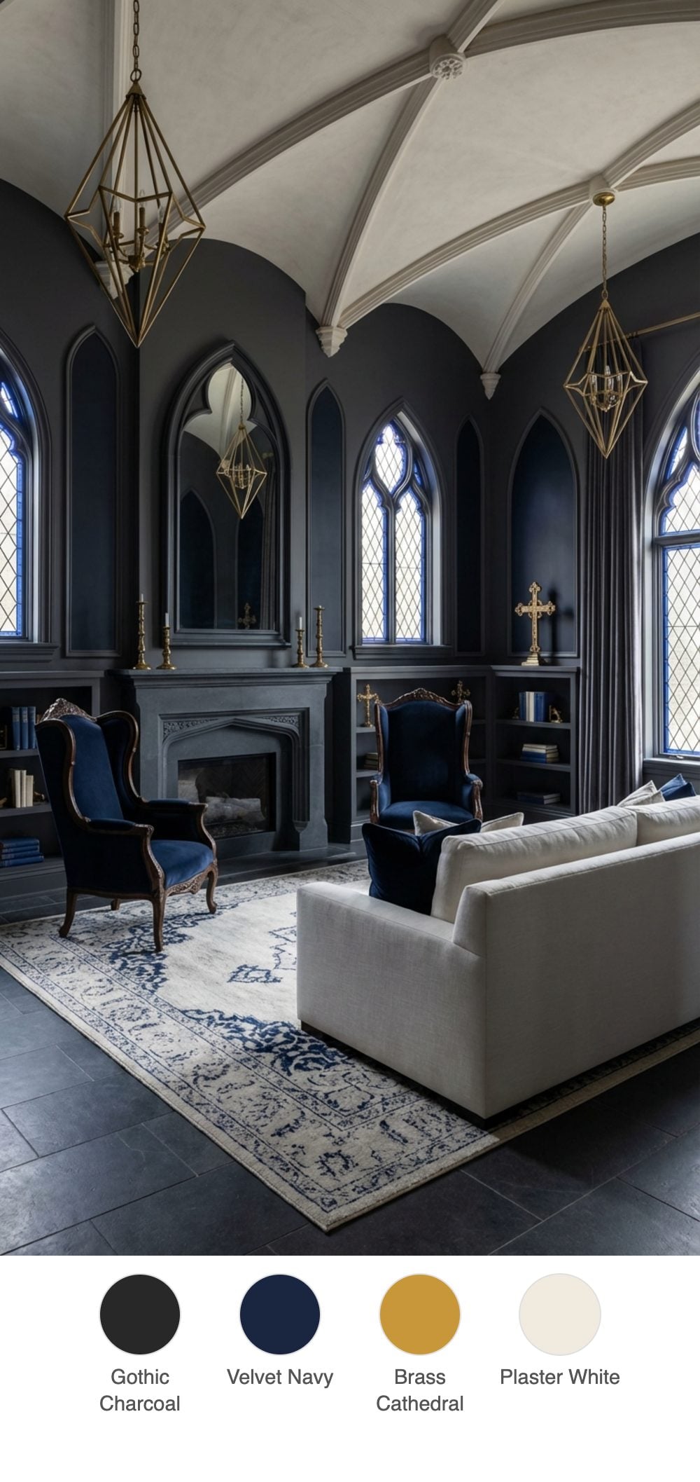 Gothic Revival Lite Living Room with Pointed Arch Details, Charcoal and Navy Stained Glass Tones