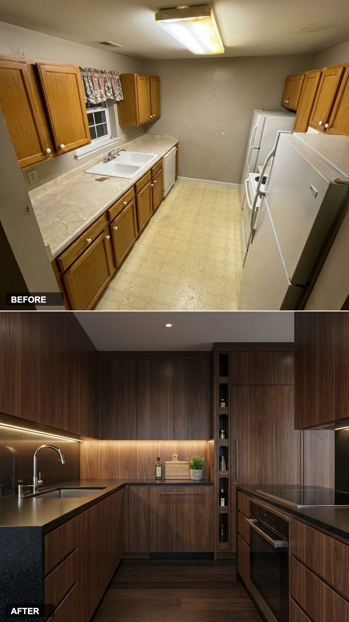 From Builder-Grade Beige to a Superyacht Owner's Private Galley in Ebony Walnut and Polished Nickel