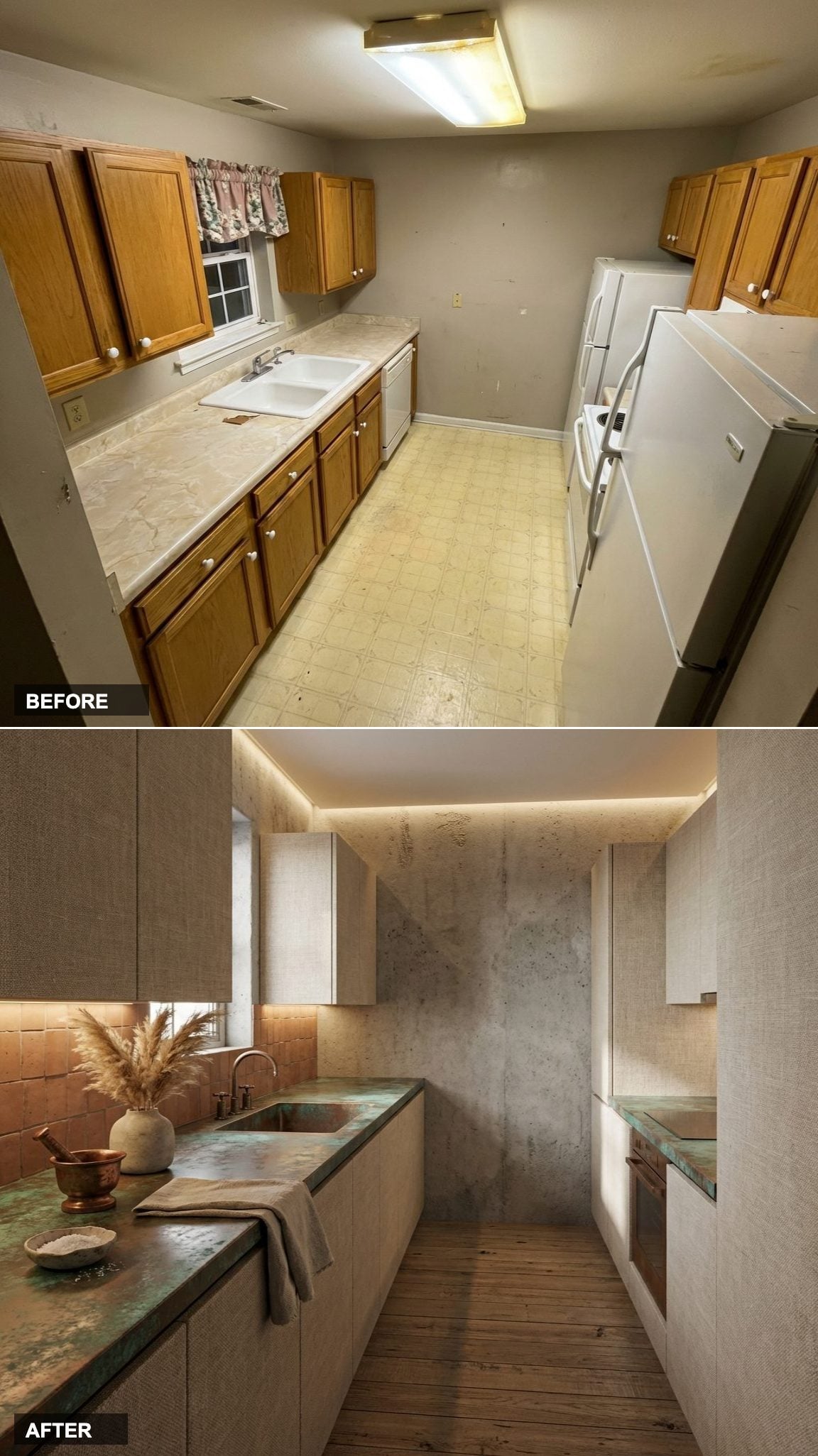 Wabi-Sabi Pacific Passage Yacht Kitchen in Unfinished Concrete, Raw Linen, and Patinated Copper