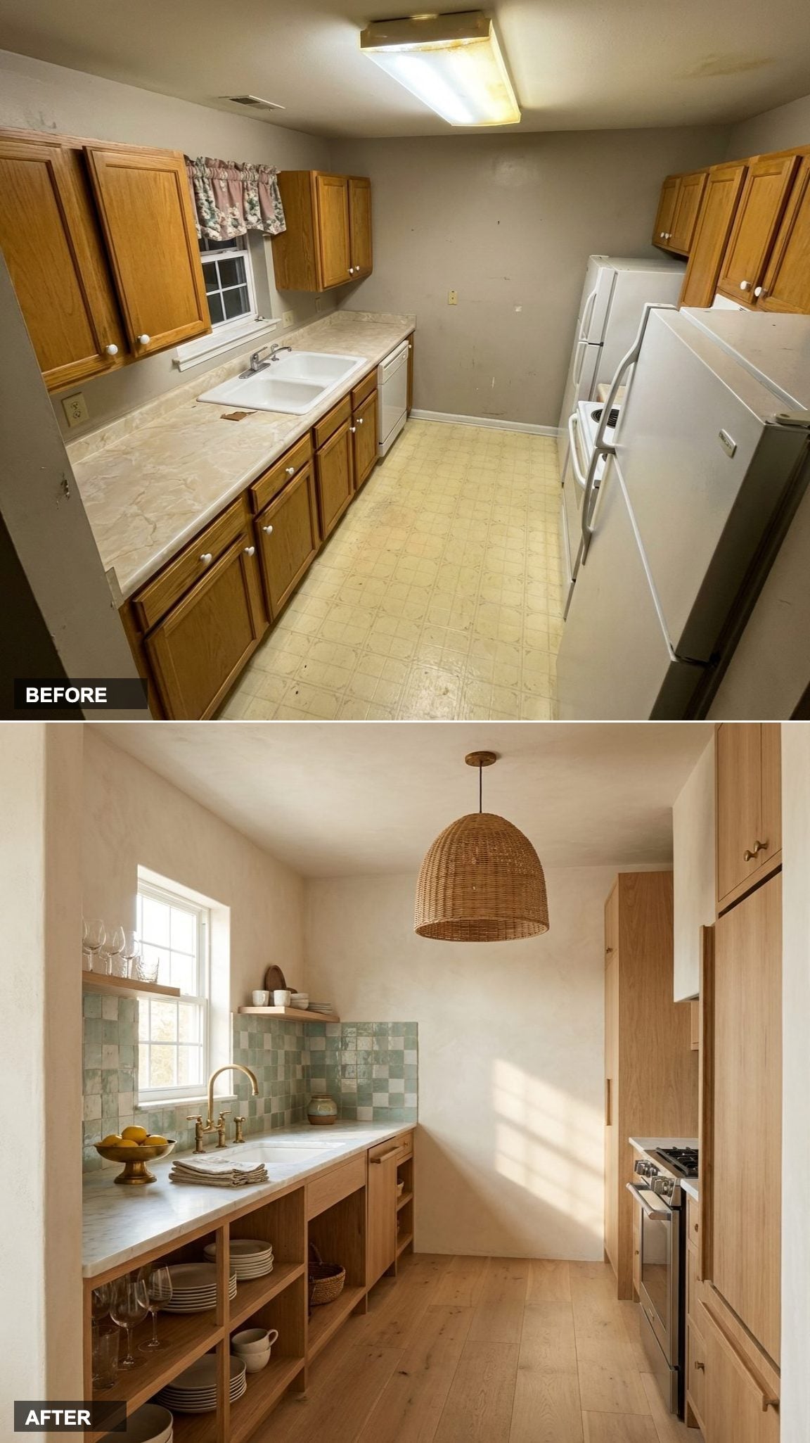 Mediterranean Coastal Captain's Kitchen with Aged Brass, Limewashed Plaster, and Handmade Zellige Tile