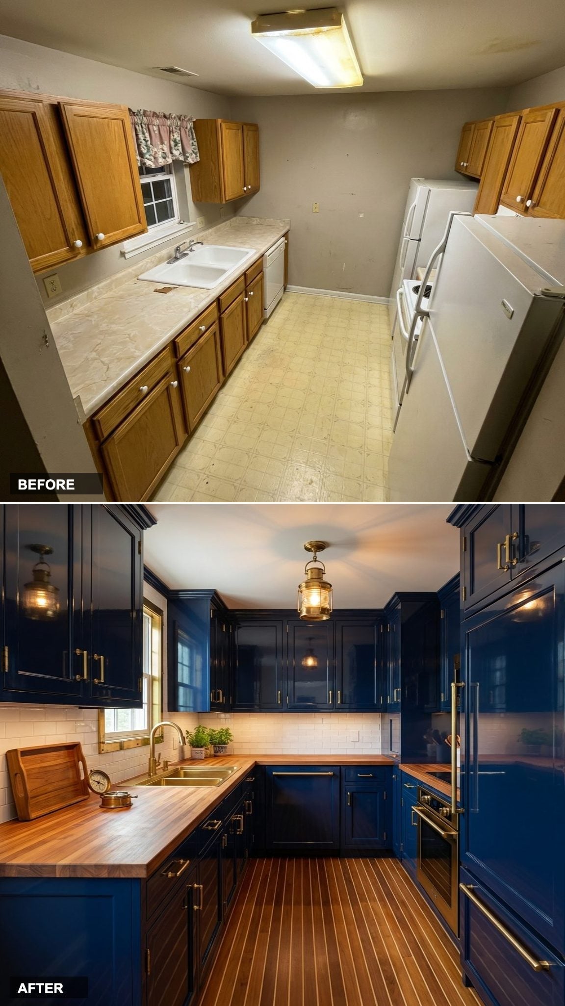 Teak-Decked Classic Sailing Yacht Kitchen with Navy Lacquer and Solid Brass Details