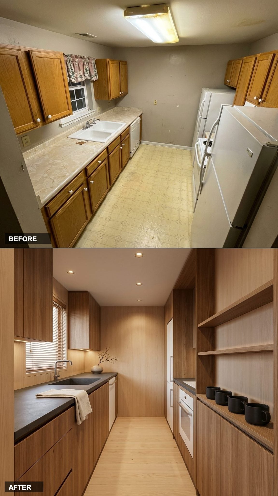 Japanese Minimalist Ketch Galley in Smoked Cypress, White Resin, and Matte Charcoal Stone