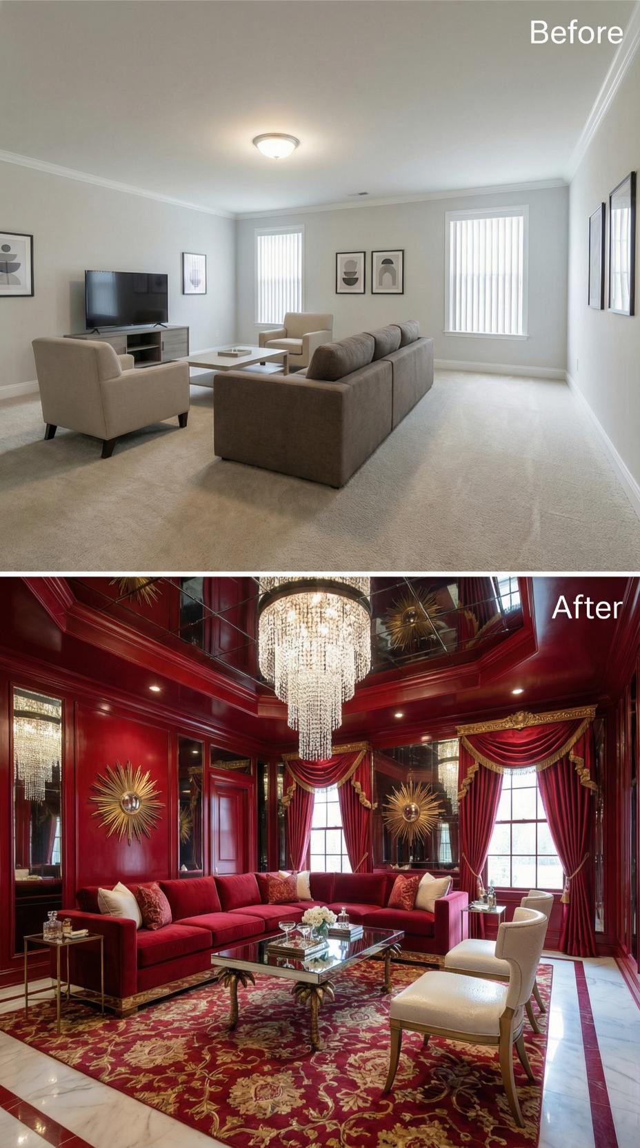 Crimson Lacquer Walls and a Crystal Chandelier Made Neutral Carpet Irrelevant