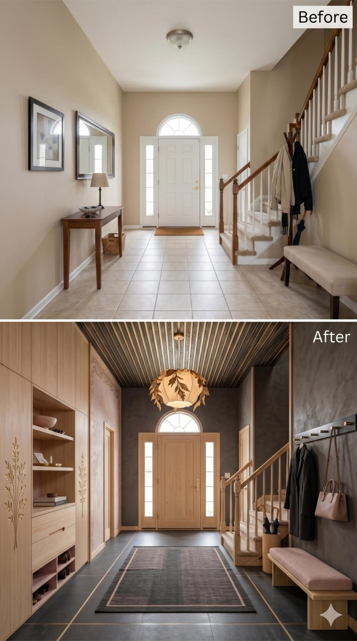 Birch Built-Ins, a Botanical Pendant, and Slatted Ceiling Give Storage Real Warmth