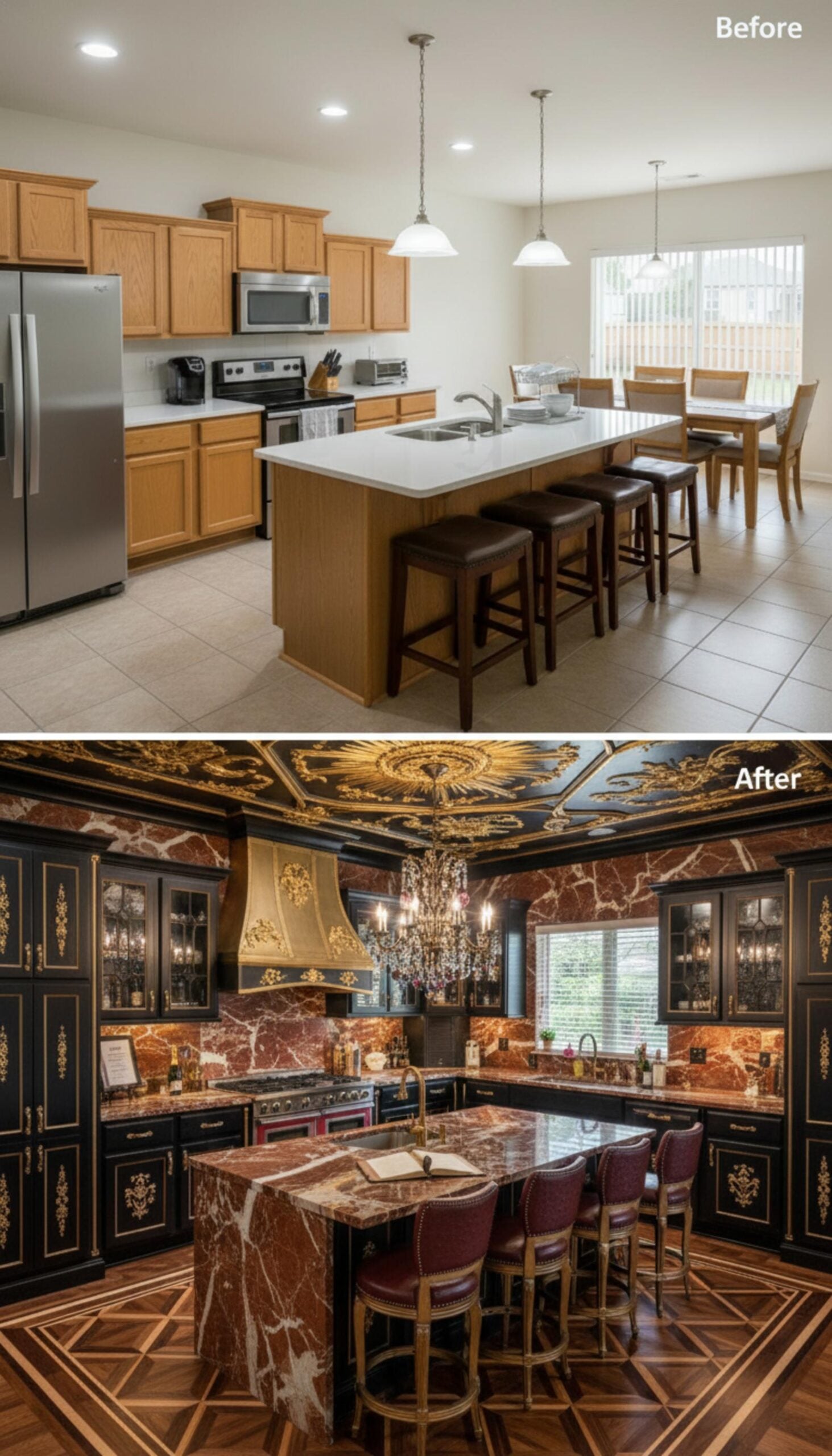 Gold Stenciled Cabinets, Rouge Marble Island, and a Painted Ceiling Close Out the Series