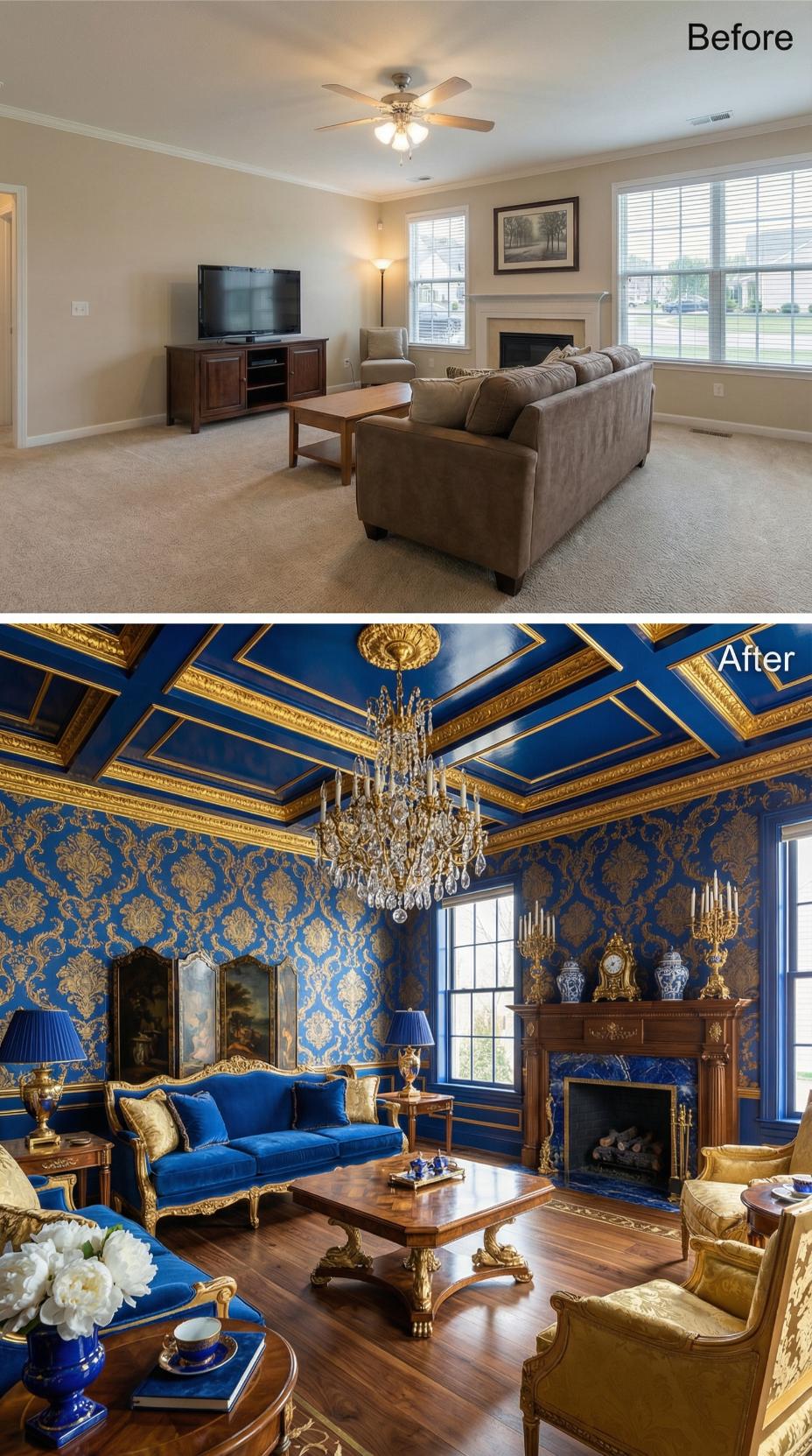Royal Blue Damask Wallpaper and a Gold Coffered Ceiling Displace Beige Carpet Completely