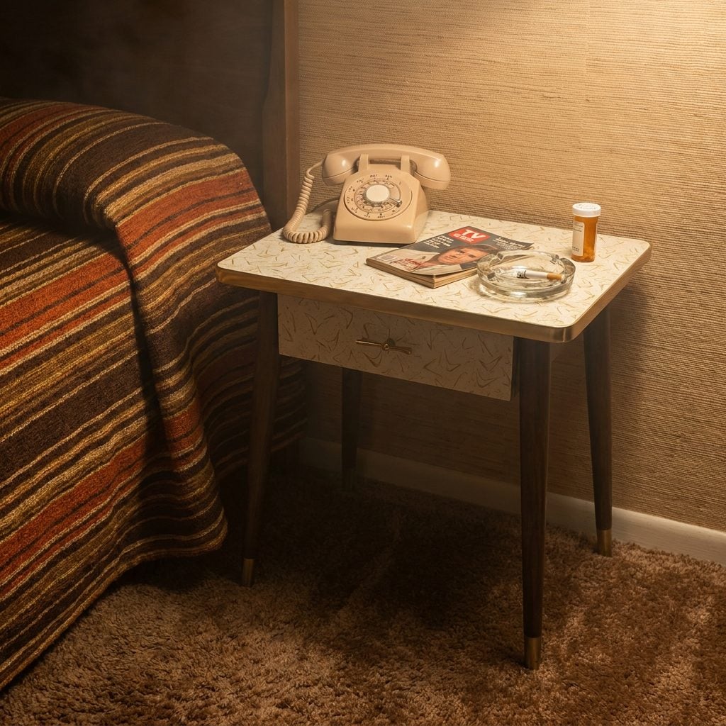 Formica-Topped Nightstands with Those Impossibly Thin Tapered Legs