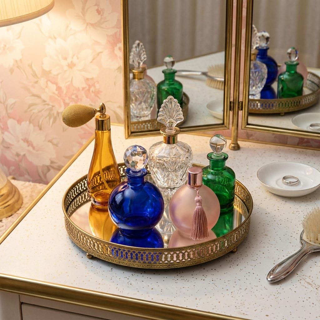 A Small Army of Decorative Perfume Bottles Standing Guard on the Vanity