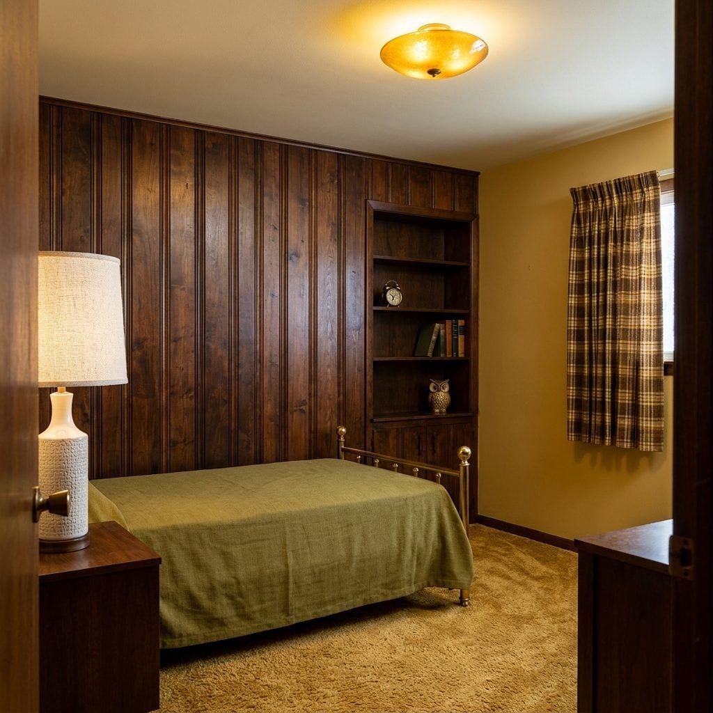 Dark Walnut Wood Paneling on the Bedroom Wall, Because Apparently We Wanted to Sleep Inside a Log Cabin