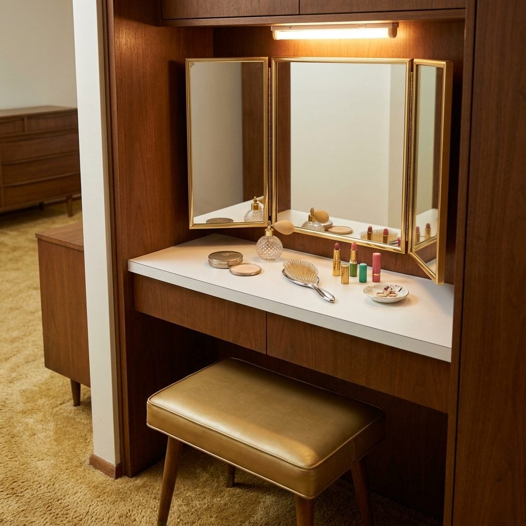 The Built-In Vanity Table With a Tri-Fold Mirror Where Mom Became a Completely Different Person for Twenty Minutes Every Morning